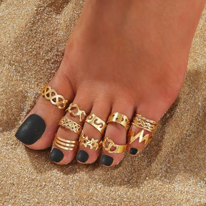12PCS Toe Rings for Women 14K Gold/Silver Plated Adjustable Toe Ring Set Open Heart Arrow Infinity Rings Beach Foot Jewelry for Summer - color: Gold2