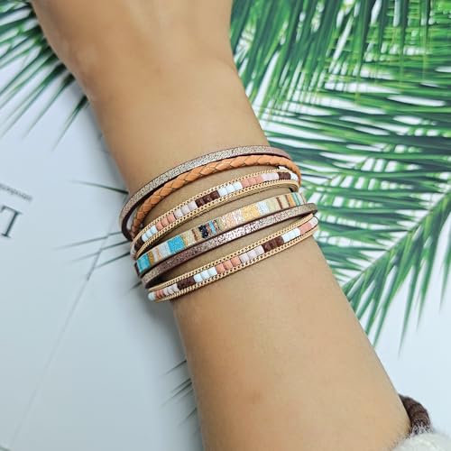 ZMANYIJEW Leather Wrap Bracelets for Women,Boho Cuff Bracelets Multi-Layer Crystal Beads Cuff Bracelet Multilayered Leopard Leather Braided Bangle Wrist Cuff Bangles - style: khaki