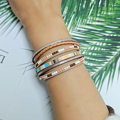 ZMANYIJEW Leather Wrap Bracelets for Women,Boho Cuff Bracelets Multi-Layer Crystal Beads Cuff Bracelet Multilayered Leopard Leather Braided Bangle Wrist Cuff Bangles - style: khaki