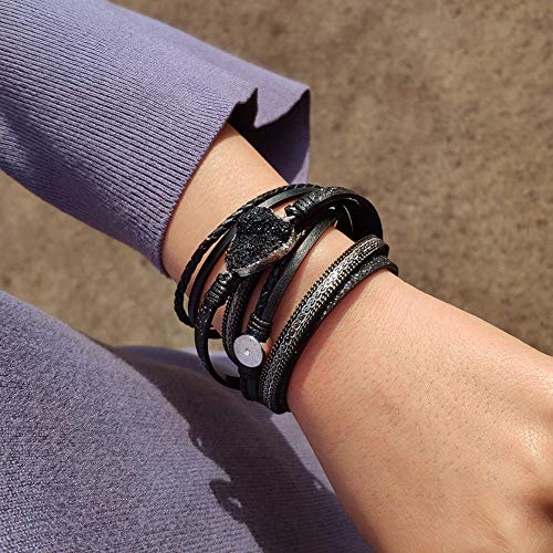 Artilady Leather Wrap Bracelet for Women, Pearl Beaded Bangle Stack Jewelry | Easy on-off, Elegant Handmade Multi-Layered, Daily Casual Date Beach Vacation, Gift for Ladies, Mother, Sister & Friend - style: Black with druzy