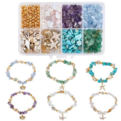 SUNNYCLUE 1 Box 6 Sets Sea Bracelet Making Kit Natural Stone Chip Beads Enamel Starfish Shell with Acrylic Pearl Rose Quartz Stone Chip Bead for Jewelry Making Kit Women Adults Starters Gift - style: Ocean 1