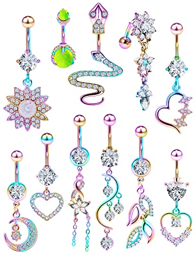 Prjndjw Belly Button Dangle 14G Surgical Steel Rings Pregnancy Snakes Glow CZ Heart Silver 11pcs Piercing Kit - color: Purple Belly button ring