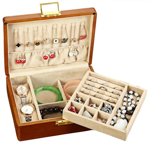 2 Layer Anti Tarnish Solid Wood Jewelry Organizer Box with Lock | Anti tarnish velvet storage for rings earrings necklaces watches wooden jewelry box for women men large locking vintage gift - color: Khaiki velvet, size: Standard 2-Tier(9.1"L x 7.1"W x 3.
