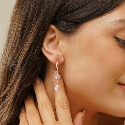 Plenky Pearl Earrings-14K Gold Plated Dainty Pearl Drop Simple Wedding CZ Dangle Dangling Cute Stud Earrings for Brides Earrings for Women Gifts - style: Leaf Pearl Earrings