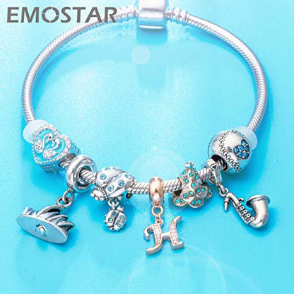 EMOSTAR Letter Charms Initial A-Z Alphabet Beads, Rose Gold 925 Sterling Silver Dangle CZ Birthstone Pendant, Gifts for European Charm Bracelet/Mothers Day/Birthday - color: Letter H
