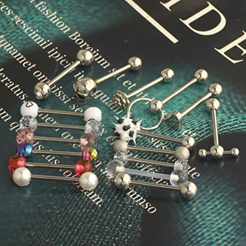 14G Surgical Steel Tongue Rings for Women Men Acrylic Clear Tongue Piercing Jewelry Teaser Slave Ring Skull/Flower/Silicone Soft Spike Ball/CZ/Door Knocker/Pill Tongue Barbell Bars 5/8inch - color: 17pcs mix