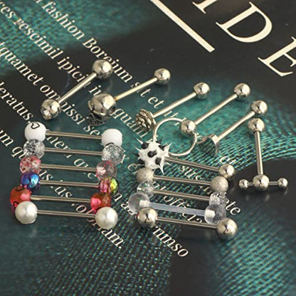 14G Surgical Steel Tongue Rings for Women Men Acrylic Clear Tongue Piercing Jewelry Teaser Slave Ring Skull/Flower/Silicone Soft Spike Ball/CZ/Door Knocker/Pill Tongue Barbell Bars 5/8inch - color: 17pcs mix