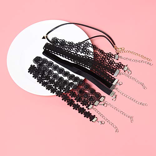 Maxforever 6 PCS Necklaces Black Velvet Choker Set Classic Gothic Tattoo Lace Chokers | 6 Pcs Black Choker Set - Lace Velvet PU Leather, Adjustable Chain, Perfect for Daily Wear, Parties, Gothic Style & Gifting