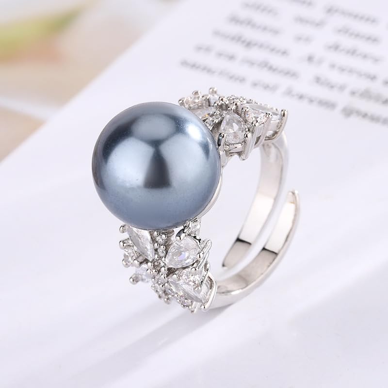 Double Side Butterfly Crystal Bezel Faux Pearl Open Ring, White Gray Gold Two Tone Silver Gold Luxury Evening Cocktail Ring for Women (white)