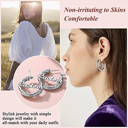 FindChic Chunky Hoop Earrings for Women, Silver/Black/14K Gold Plated Crossover Patterned Hollow Tube Rounded Loop Earrings, 30mm/40mm/60mm/80mm Hoops with Custom Name Options and Gift Box - color: e.Silver (Custom Name), size: 30MM
