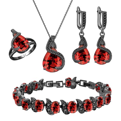 Jewelry Set for Women Teardrop Earrings Necklace Ring Bracelet Set Party Wedding Jewelry Gift for Mother Wife Friend - color: Black Gun-Garnet