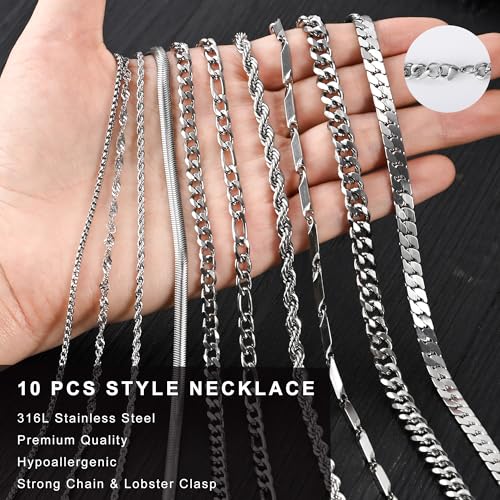 10 Pcs Chains for Men Silver Necklace Stackable Stainless Steel Chains Set Mens Jewelry Set Cross Cuban Link Figaro Chain