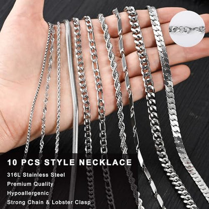 10 Pcs Chains for Men Silver Necklace Stackable Stainless Steel Chains Set Mens Jewelry Set Cross Cuban Link Figaro Chain
