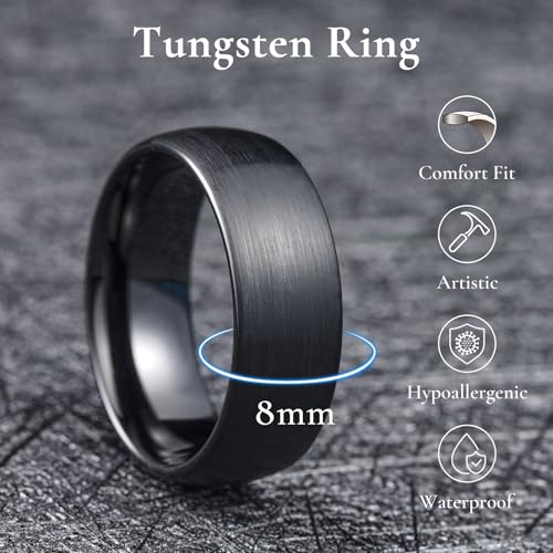 King Will Wedding Band for Men Women, 2/4/6/7/8mm Domed Matte Brushed Tungsten Carbide Rings, Solid/Dual Color Engagement Rings, Comfort Fit - color: Black-8mm