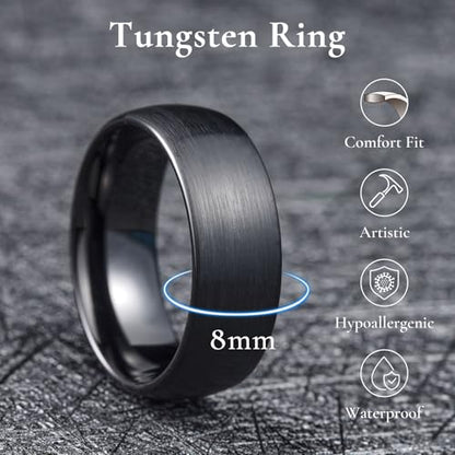 King Will Wedding Band for Men Women, 2/4/6/7/8mm Domed Matte Brushed Tungsten Carbide Rings, Solid/Dual Color Engagement Rings, Comfort Fit - color: Black-8mm