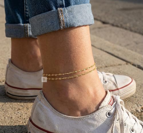 Stainless Steel Chain Ankle Bracelet for Women Adjustable Waterproof Anklet - color: Gold / Double Layer Twist
