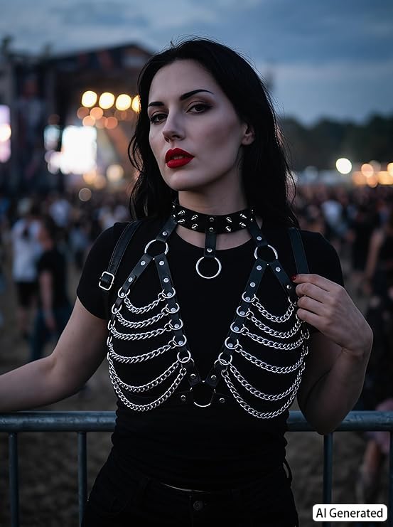 Punk Layered Chest Chain,Leather Bra CageStyle Shoulder Strap,Punk Black Leather Chest Harness Body Waist Chain Belt Rave Nightclub Belly Bra Jewelry Accessor for Halloween Carnival