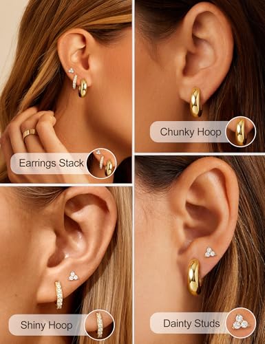 Small Gold Earring Stack Trendy 925 Sterling Silver Earrings for Women Hypoallergenic 14K Gold Plated Cubic Zirconia Stud Hoop Non Tarnish Huggie Hoop Earrings Set for Multiple Piercing Jewelry Gift - style: Gold: 2 Pairs of Hoops + 1 Pair of Studs