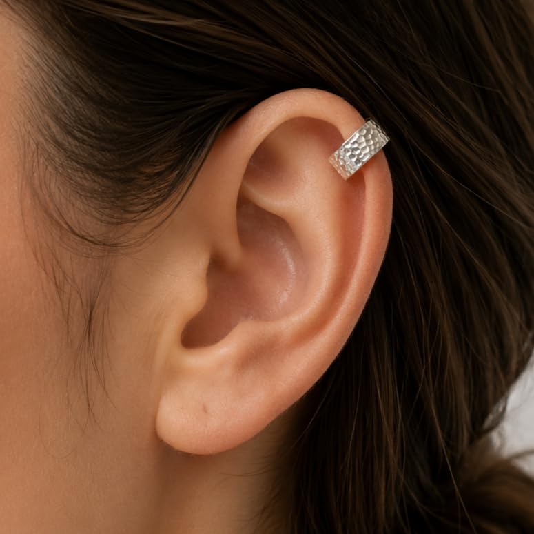 925 Sterling Silver Ear Cuff, Handmade Single Band Adjustable Non Piercing Clip On Cartilage Earring, Minimalist Ear Wrap Faux Piercing Jewelry for Women - style: Hammered Pebble Texture