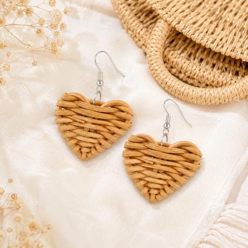 Handmade Rattan Teardrop Dangle Earrings for Women, Lightweight Boho Woven Statement Earrings with Gold Fish Hook, Natural Straw Weave Vacation Jewelry for Summer Beach - style: Heart