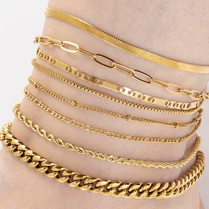 Gold Stainless Steel Anklet Chain for Women Adjustable Ankle Bracelet Fashionable Simple Design, Round mold chain - color: Gold+ Figure eight chain, size: 22+3cm