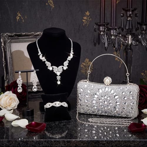 Quelay 4 Pcs Purse Rhinestone Jewelry Set Women | Wedding Bridal Prom Jewelry Sparkly Clutch Handbag with Necklace Bracelet Dangle Earrings Shiny Costume Kit - color: Silver, style: Sparkly