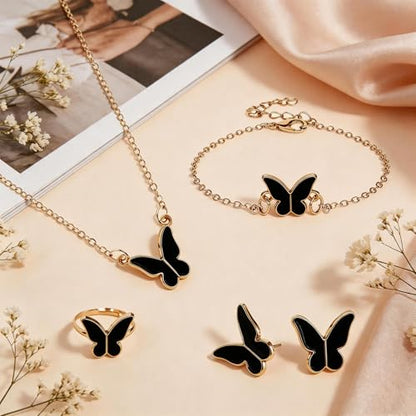 Butterfly Jewelry Set, Including Butterfly Necklace, Bracelet, Stud Earrings, and Adjustable Ring for Women - color: Black