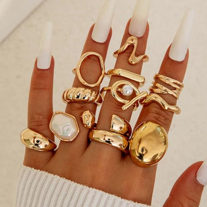 Gold Rings for Women Non Tarnish Stackable Rhinestone Moon Star Rings Dainty Stacking Pearl Butterfly Midi Pinky Thumb Joint Finger Knuckle Ring Set Gold Non Tarnish Jewelry Gifts Trendy Stuff - color: S Chunky Gold Rings 11Pcs