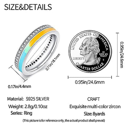 KUNSIR 925 Silver Cubic Zirconia Ring Size 7-9 Wedding Band Sterling Silver Eternity Ring Modern Style - style: Rainbow Ring