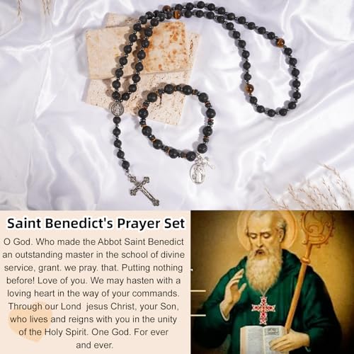 Rosary for Men Women, Natural Stone Beads with St. Benedict Bracelet | 8 mm Natural Stone Prayer Beads with 10 mm Accent Beads, St. Benedict Crucifix, Matching Bracelet, Gift Box and Pouch. - color: Lava Rocks