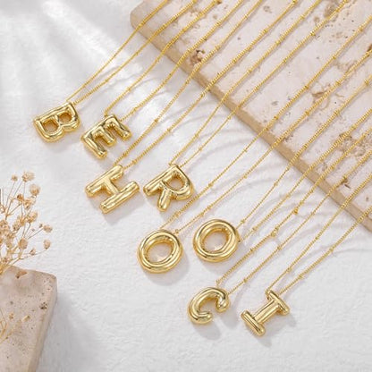 Gold Bubble Initial Necklace for Women Balloon Letter Necklace 18K Gold Plated Dainty Alphabet Pendant Puffy Name Personal Necklace - color: T