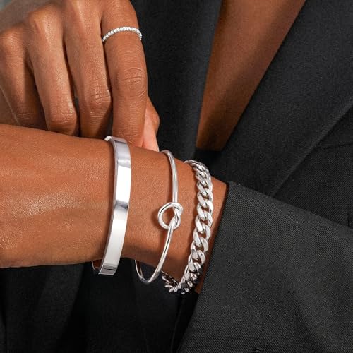 Gokeey Sterling Silver Cuff Bangle Bracelet Set for Women Waterproof, Non Tarnish S925 Silver Chunky Cuban Link Chain Heart Love Infinity Tie Knot Paperclip Beaded Twist Rope Silver Bracelets Fashion Jewelry Gifts Set - color: Silver-Stackable Bangles set