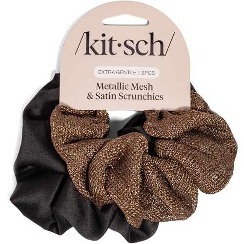 Kitsch Metallic Mesh & Satin Scrunchies For Women - Black & Chocolate, 2pcs | Recycled Fabric Hair Ties for Secure Hold, Comfortable Wear – Softer Than Silk Scrunchies For All Hair Types - color: Black & Chocolate