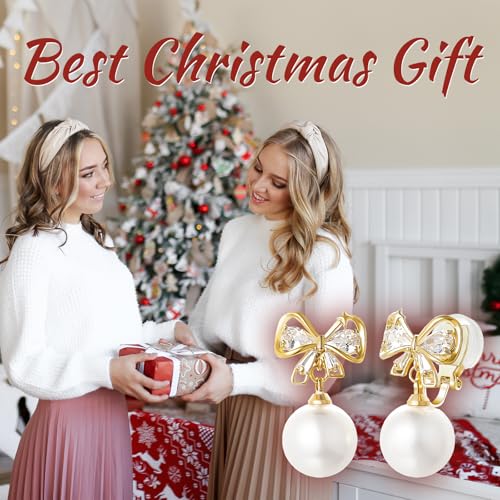 YOQUCOL Golden Bow Clip On Stub,Danle Drop Earrings for Women Simulated Pearl Christmas Xmas Bowknot Non Pierced Earrings - color: Dangle Clip-01