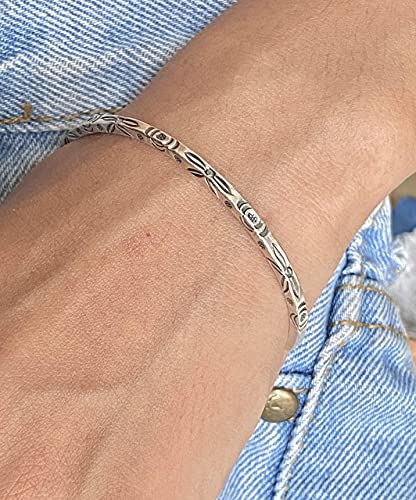 Sterling Silver Boho Floral Cuff Bracelet, Handmade Thin Delicate Squarish Bangle with oxidized flowers engraving, adjustable, Gift for Her