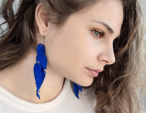 Leather Feather Earrings, Suede layered earrings, boho wedding jewelry, summer earrings, gift for her, dangle earrings - color: bright blue