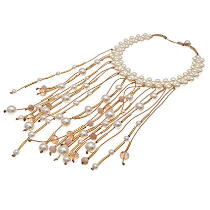 utop JNF Hand made Pearl Statement Necklace for Women Rhinestone Multilayer Crystal Necklaces Chunky Pearl Necklace Large Pearl Necklace and Earrings Set for Mother Mom's gift - color: bib pearl necklace white