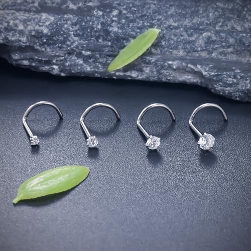 ASTM F136 Titanium Nose Rings 18G 20G 22G Clear Round Cubic Zirconia Nose Studs Ring Screw L-Shaped Bone Hypoallergenic Body Piercing Jewelry for Women 1.5mm 2mm 2.5mm 3mm 4PCS - style: Screw:18G(1.0mm)