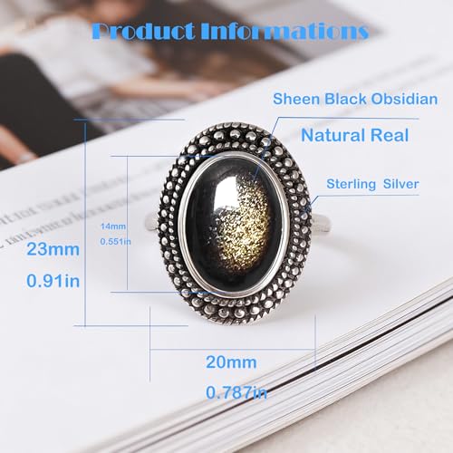 Retro Sterling Silver Stone Ring,Antique Natural Real Oval Crystal Quartz Gemstone Boho Bohemian Ring Jewelry for Women - color: A01_Black Obsidian