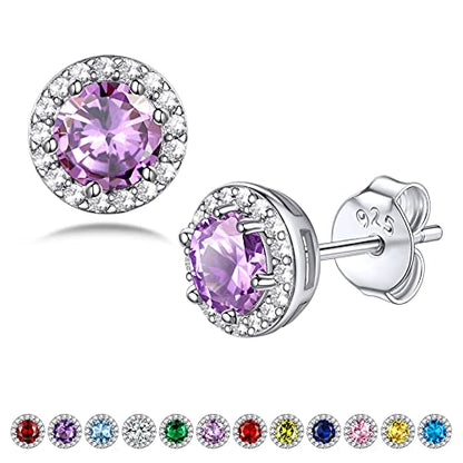 Bestyle Sparkling 925 Sterling Silver Birthstone Stud Earrings for Women, Heart/Round/Teardrop/Square Solitaire Diamond Studs Earrings, Great Birthday/Christmas Gifts - style: 06. Purple Alexandrite-June-round