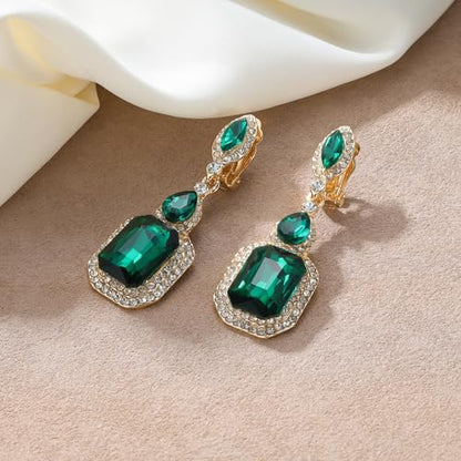 Women's Wedding Bridal Crystal Emerald Cut Infinity Figure 8 Chandelier Clip-On Dangle Earrings - color: Emerald Color Gold-Tone
