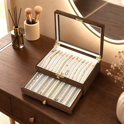 Black Walnut Lockable Necklace Box, Wooden Jewelry Organizer Case for Women | 2 Layer, Drawer, Solid Wood, Lock Key, Necklace Holder, Jewelry Display, Glass Lid, Handcraft, Velvet Line, Gift for Girl Mom - color: 2 Layer Full Lock Necklace Box