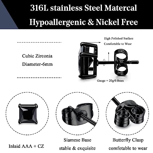 ORAZIO Black Silver Earrings for Men,Stainless Steel Cubic Zirconia Earrings 20G Mens Earrings Hypoallergenic CZ Earrings Studs Trendy Square Earring Studs Set 4-8MM - style: 2 Pairs,Cubic Zirconia Diameter:6mm