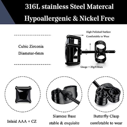 ORAZIO Black Silver Earrings for Men,Stainless Steel Cubic Zirconia Earrings 20G Mens Earrings Hypoallergenic CZ Earrings Studs Trendy Square Earring Studs Set 4-8MM - style: 2 Pairs,Cubic Zirconia Diameter:6mm