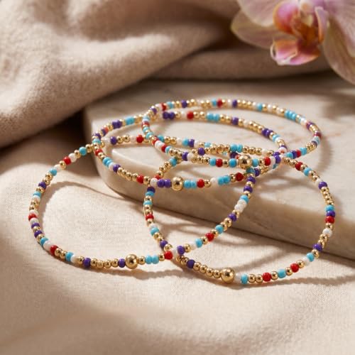 Seed Beaded Stack Bracelets Set for Women,Small Boho 4Pcs Colorful Handmade Dainty Trendy Gold Stretch Accessories Jewelry, Summer Daily Party Friendship Gift - color: Aqua Blue