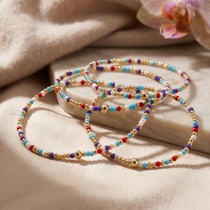 Seed Beaded Stack Bracelets Set for Women,Small Boho 4Pcs Colorful Handmade Dainty Trendy Gold Stretch Accessories Jewelry, Summer Daily Party Friendship Gift - color: Aqua Blue