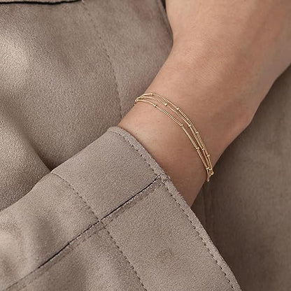 VRIUA Dainty Gold Bracelets for Women, 14K Gold Plated Layered Bracelet Simple Sparkle Twisted Chain Bracelets Adjustable Diamond Bracelets Set Gold Jewelry for Women - color: Layered satellite gold