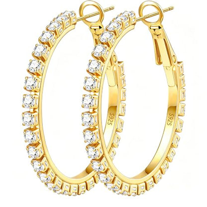 3mm 925 Sterling Silver Big Cubic Zirconia Hoop Earrings for Women Large Rhinestone Hoop Earrings 14K Gold Plated Hypoallergenic Lightweight 30mm/40mm/50mm/60mm - color: Gold-30mm
