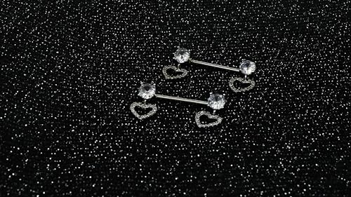HQLA 14G Dainty CZ Love Heart Nipple Rings Tongue Ring Surgical Steel Nipple rings Piercing Women Barbells 2Pcs 25/8"(16mm) - style: Silver - Style D - Dangle CZ Love
