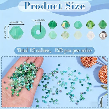 1200Pcs 4mm 10 Colors Faceted Crystal Glass Bicone Beads Loose Bead for DIY Bracelet Necklace Earring Keychain Jewelry Making,Green - color: Green